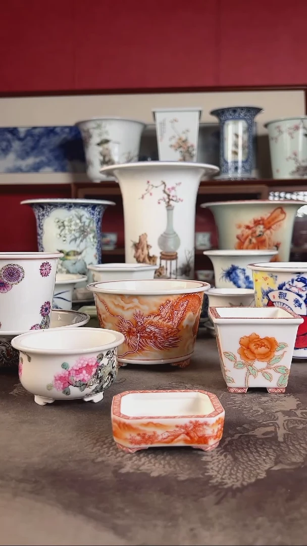 【闪购商品】釉上钒红山水手绘盆内长6 宽4.5 高1.5