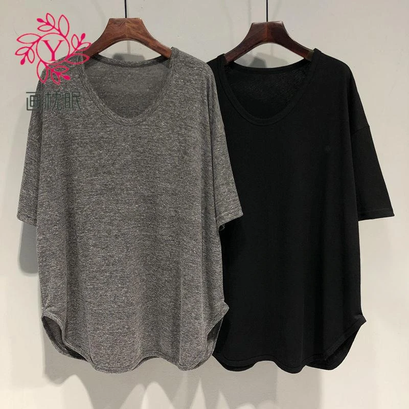 画枕眠夏季薄款时尚大码宽松圆领短袖恤女中长款百搭半袖遮肚上衣