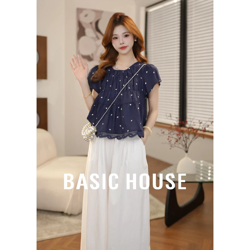 Basic House/百家好夏季新款蕾丝边波点宽松显瘦衬衫B1195B5T582