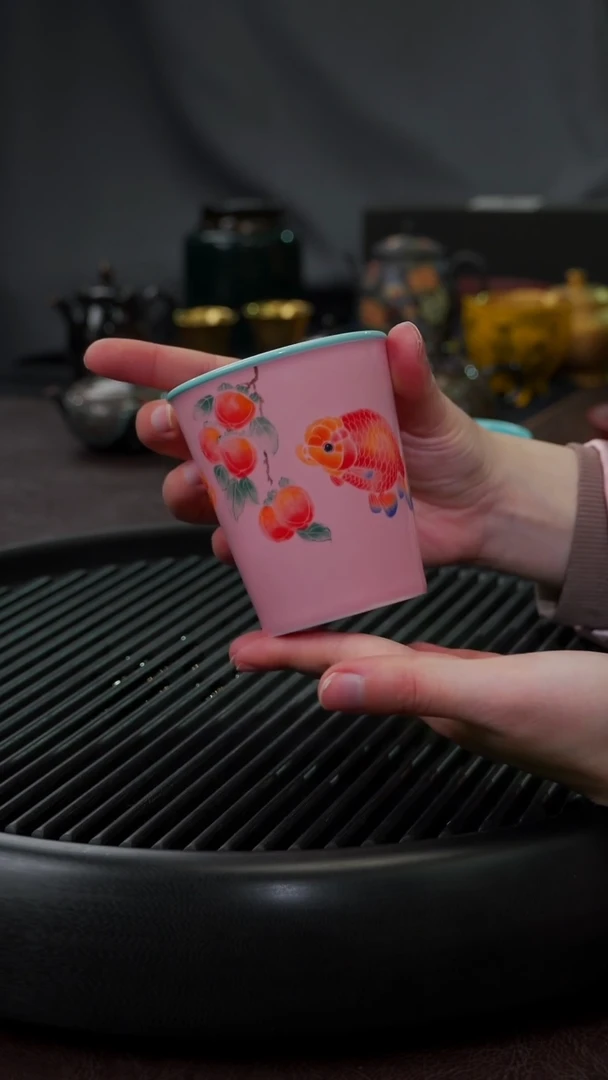 【闪购商品】杯【宜景窑朱颜酡】手绘双鱼可乐杯3