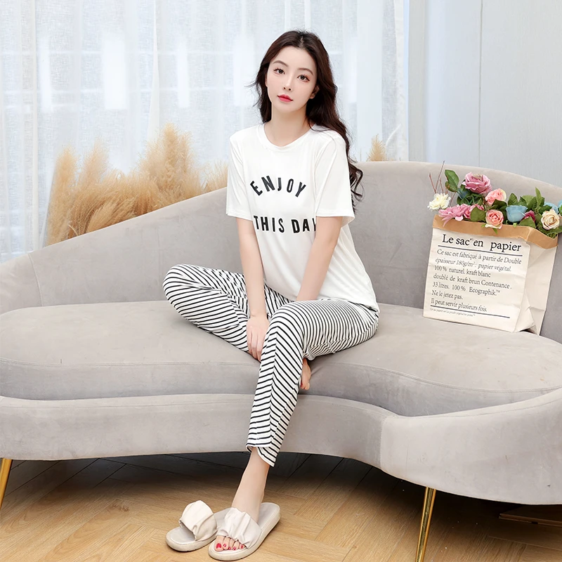 莫代尔棉短袖长裤睡衣女夏天薄款两件套春夏新款女家居服可外穿