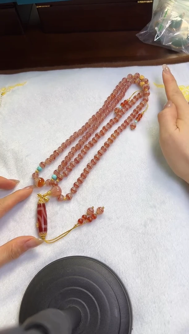 玛瑙/玉髓项链18K金镶嵌二眼珠珠DIY设计款108项链