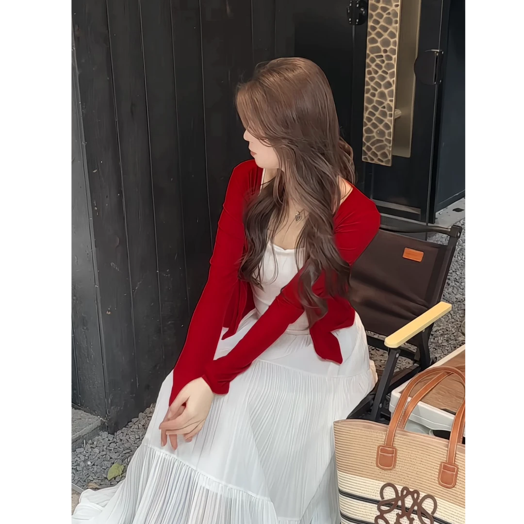 初恋感韩系温柔红色开衫度假风甜美穿搭显瘦高级感气质上衣#8951