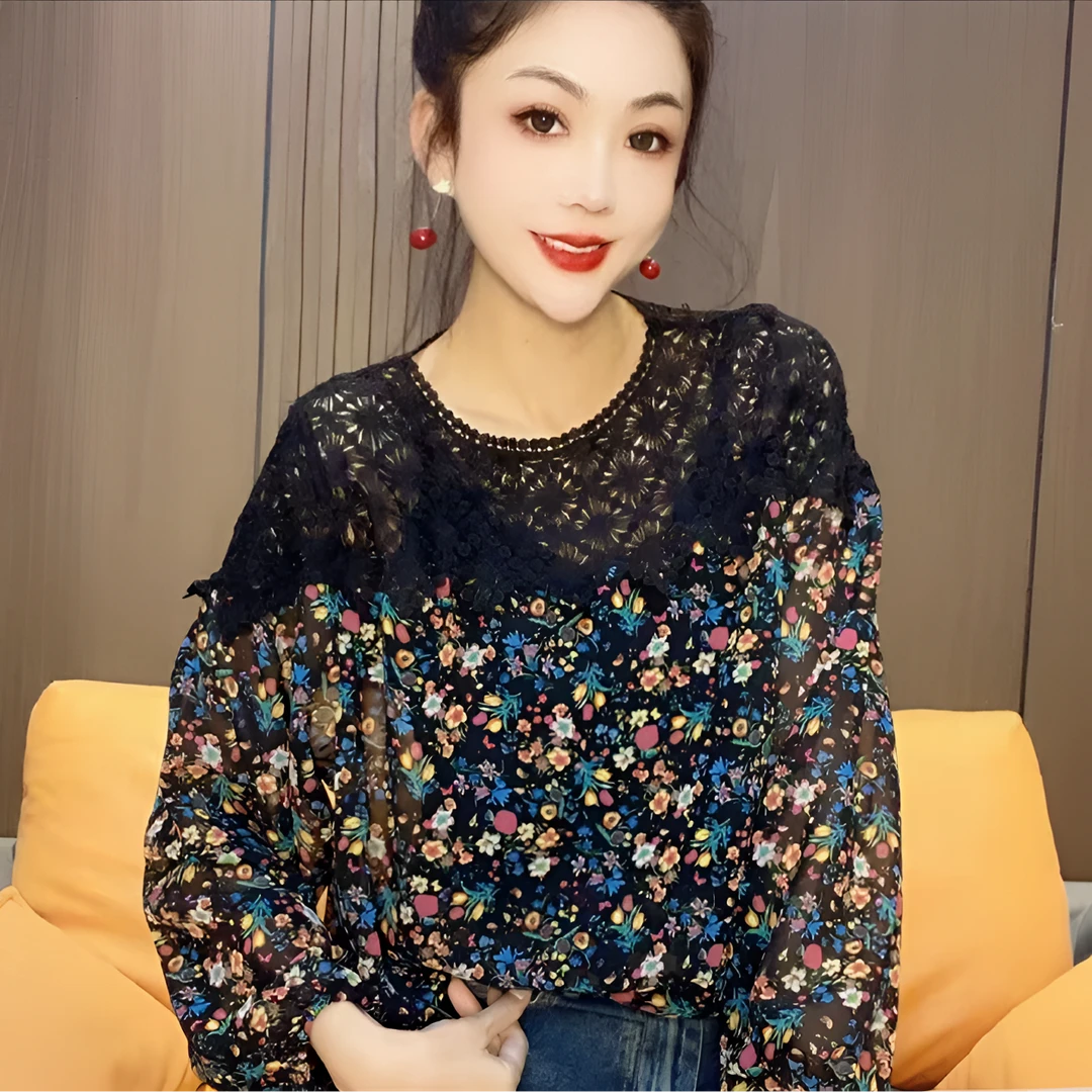 20251秋季新款长袖百搭时尚拼接碎花蕾丝小衫花衫(衣长63cm左右)