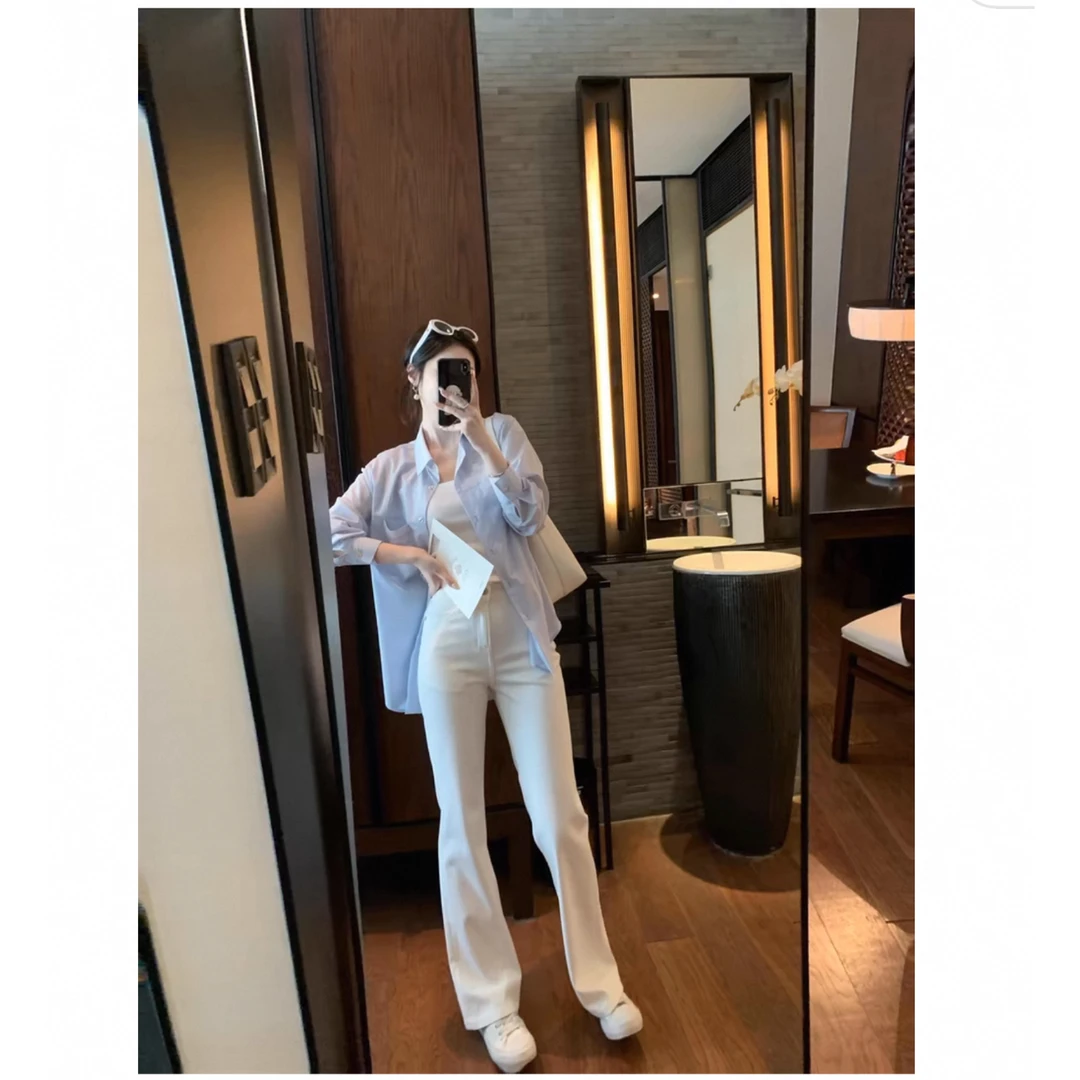 四面弹 C1 米白色修身喇叭牛仔裤  9912