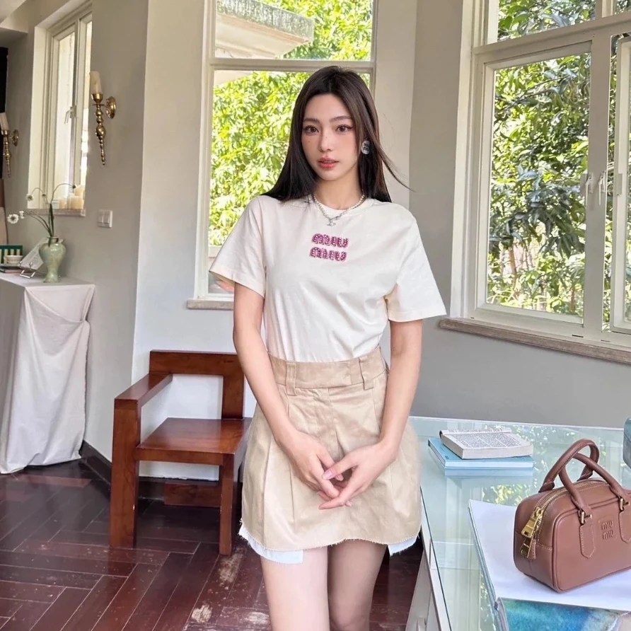全新未使用 MIU MIU/缪缪 LOGO圆领短袖T恤 米色/S