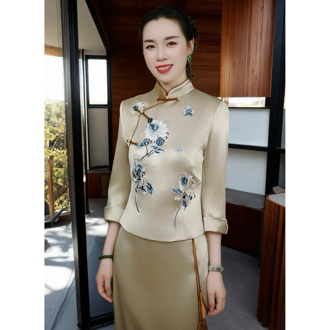 2703-2025春夏季新款矜贵蓝牡丹国风刺绣套裙