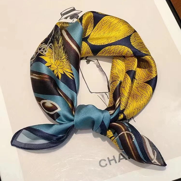 100%桑蚕丝53真丝素绉缎金色蒲公英方巾女士夏季薄款气质围巾丝巾