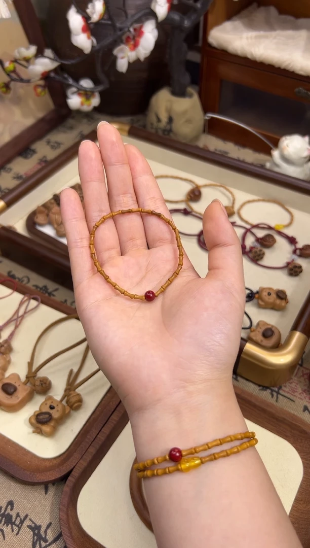 手串桃核【桃缘行】竹节「红色莎莎」桃木桃核辟、挡、驱、护 备注手围