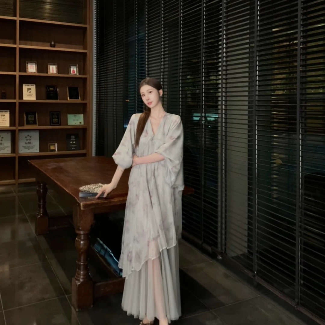 2025新款巨好看的夏装薄纱连衣裙女宴会新中式禅意风长裙子汉元素