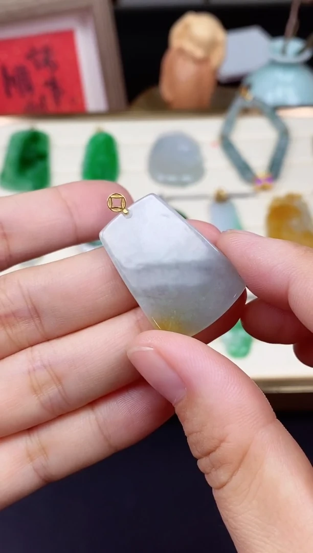 吊坠(不含链)18K金镶嵌翡翠无事牌@@CMT5950