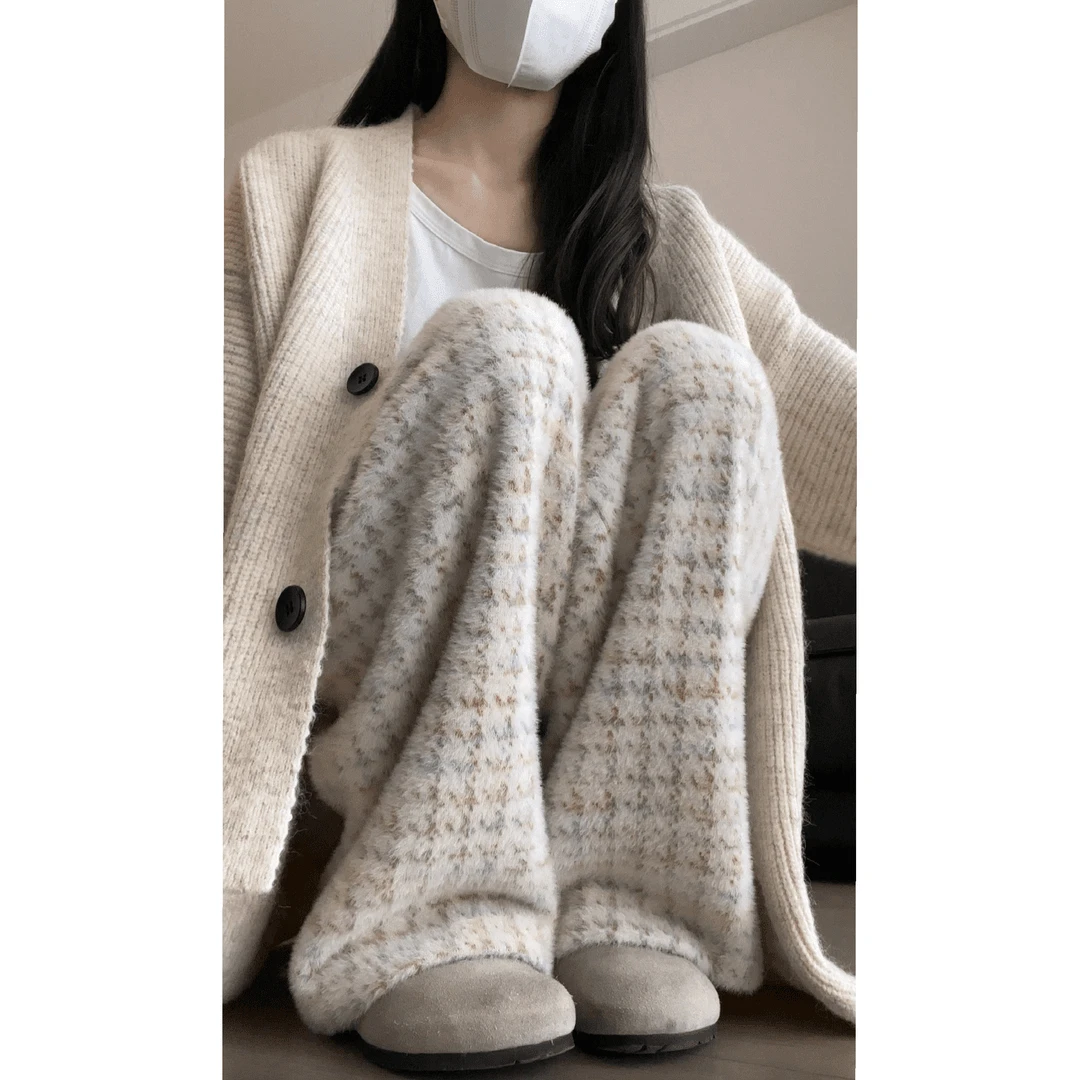 小个子千鸟格八分阔腿裤女秋冬韩系加绒超温柔九分休闲显瘦直筒裤