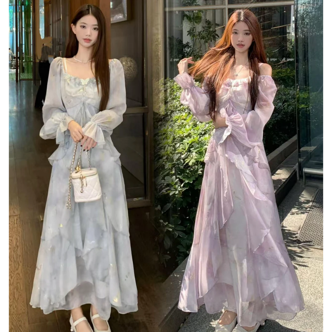 雾霭鎏蓝气质华丽仙气花边蝴蝶长袖烫金荷叶边吊带裙