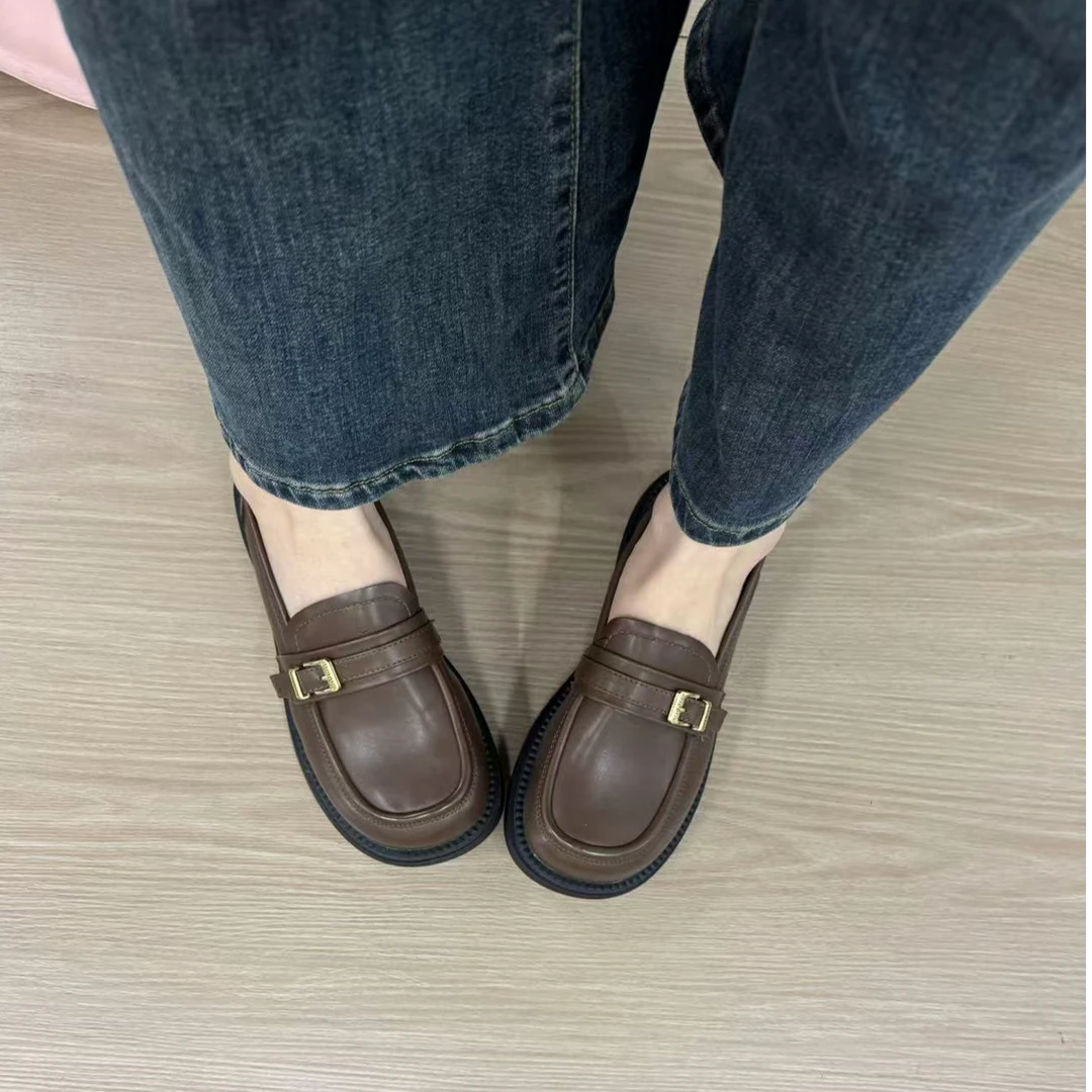 2024年新款简约百搭小皮鞋英伦风棕色厚底乐福鞋软底软面