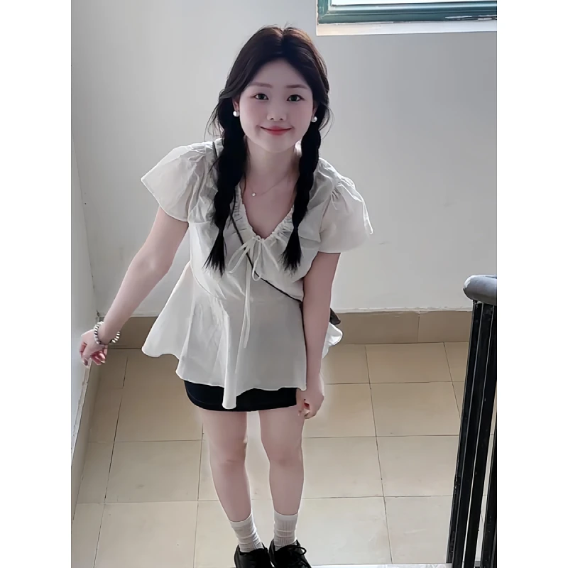 大码胖mm法式纯欲风独特抽绳设计感v领衬衫夏季新款显瘦减龄上衣