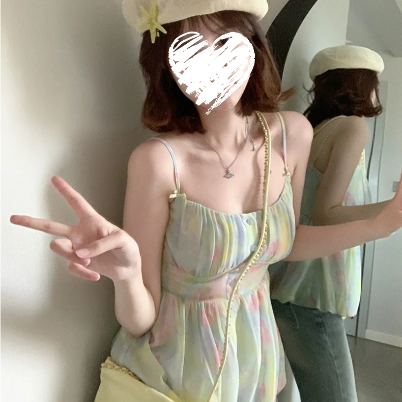 油画吊带背心女春夏法式甜美别致上衣    80352
