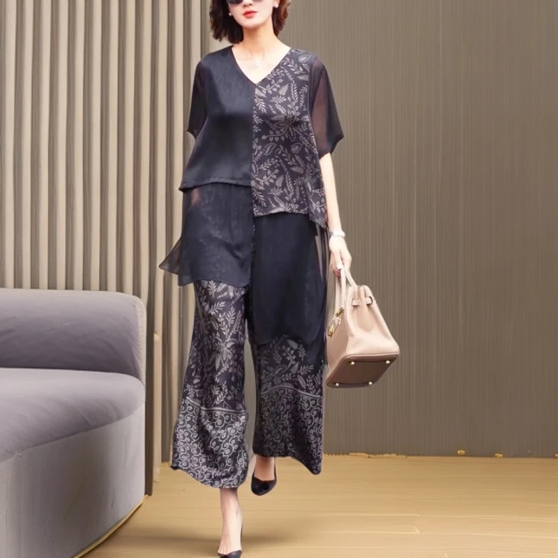 高端复古新中式大码妈妈高级感醋酸拼接网纱上衣宽松阔腿裤两件套