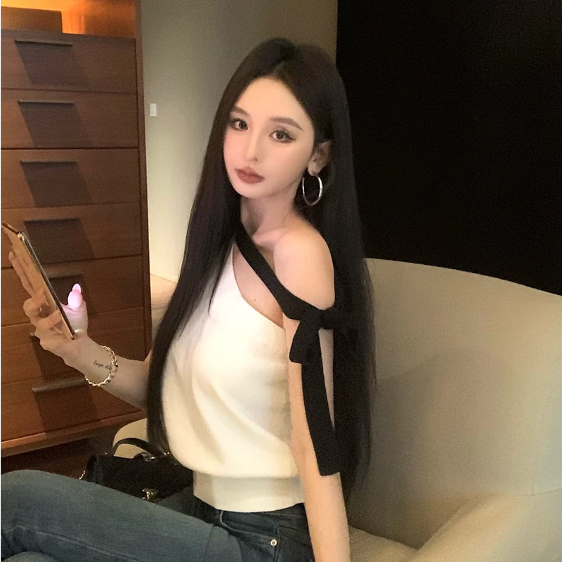 多种系带法斜肩中古小香风针织纯欲短袖上衣#765