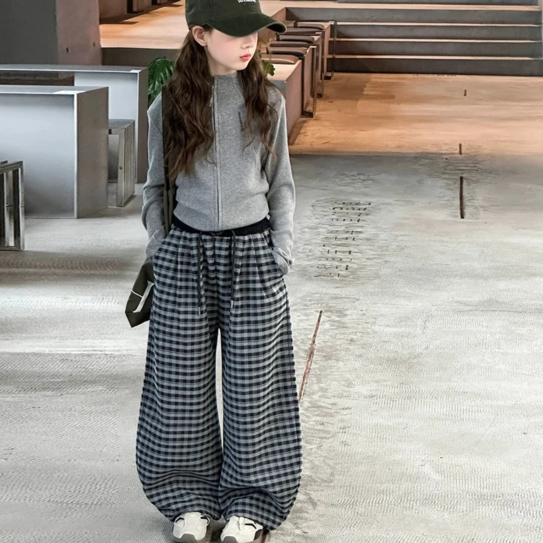 女童秋季新款套装休闲纯色拉链上衣格子弯刀裤休闲百搭两件套