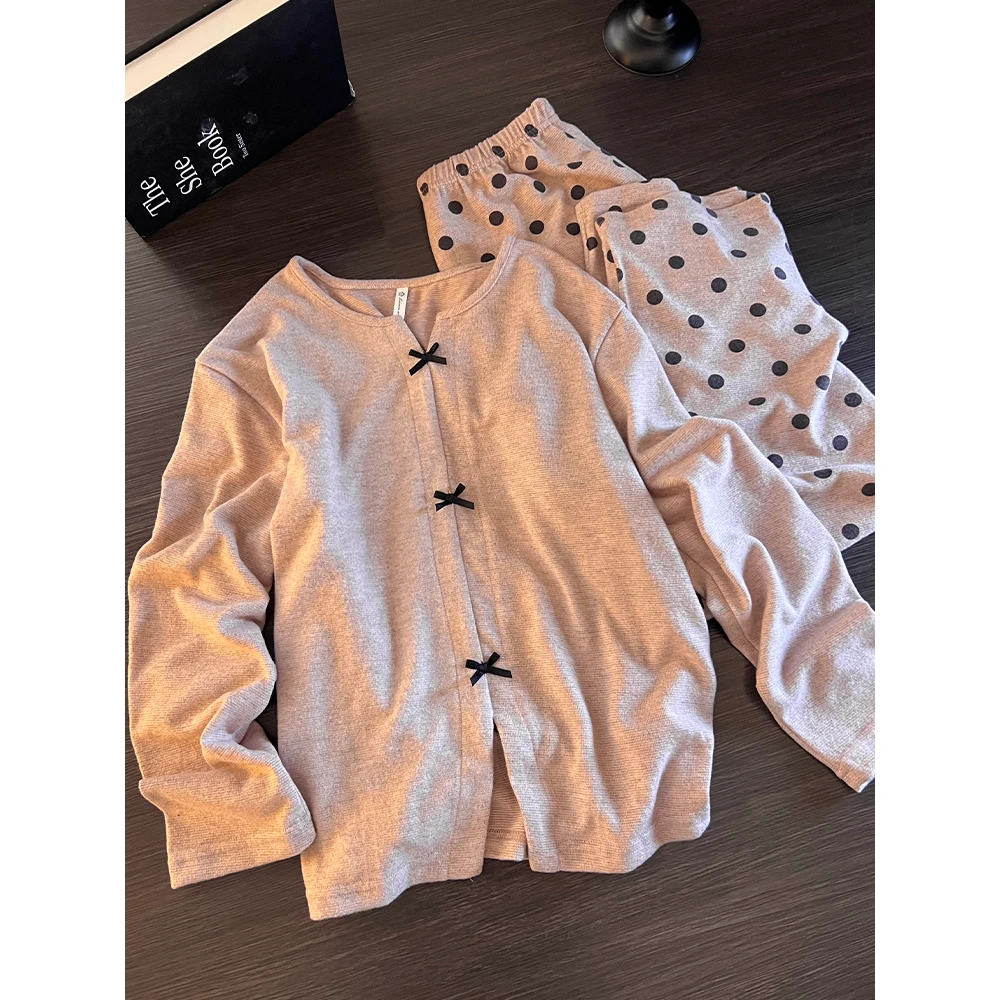 甜美少女粉色蝴蝶结波点德绒睡衣女秋冬季保暖长袖长裤居家服套装