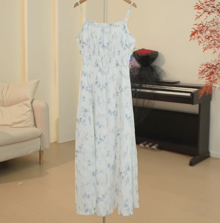 C176 ML系列国风花卉提花吊带碎花连衣裙