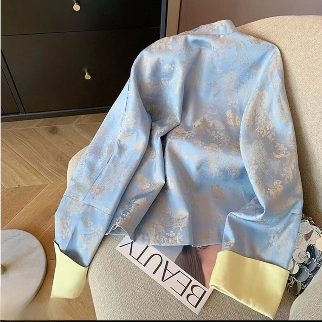 【自留101】新中式蓝色提花盘扣外套女2024秋季新品国风上衣