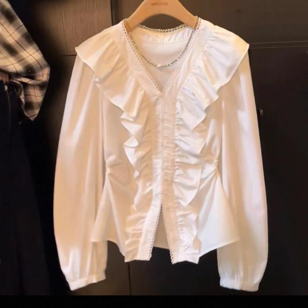 木耳边设计感衬衫女2025新款春夏时尚气质V领长袖气质褶皱上衣