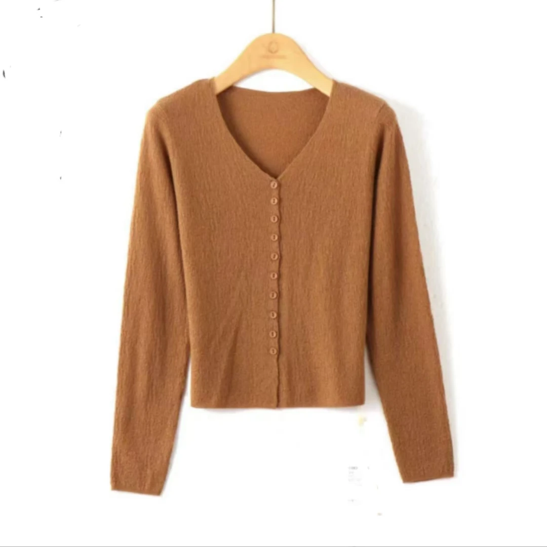 2024秋季新款百搭修身女士休闲内搭V领开衫上衣女