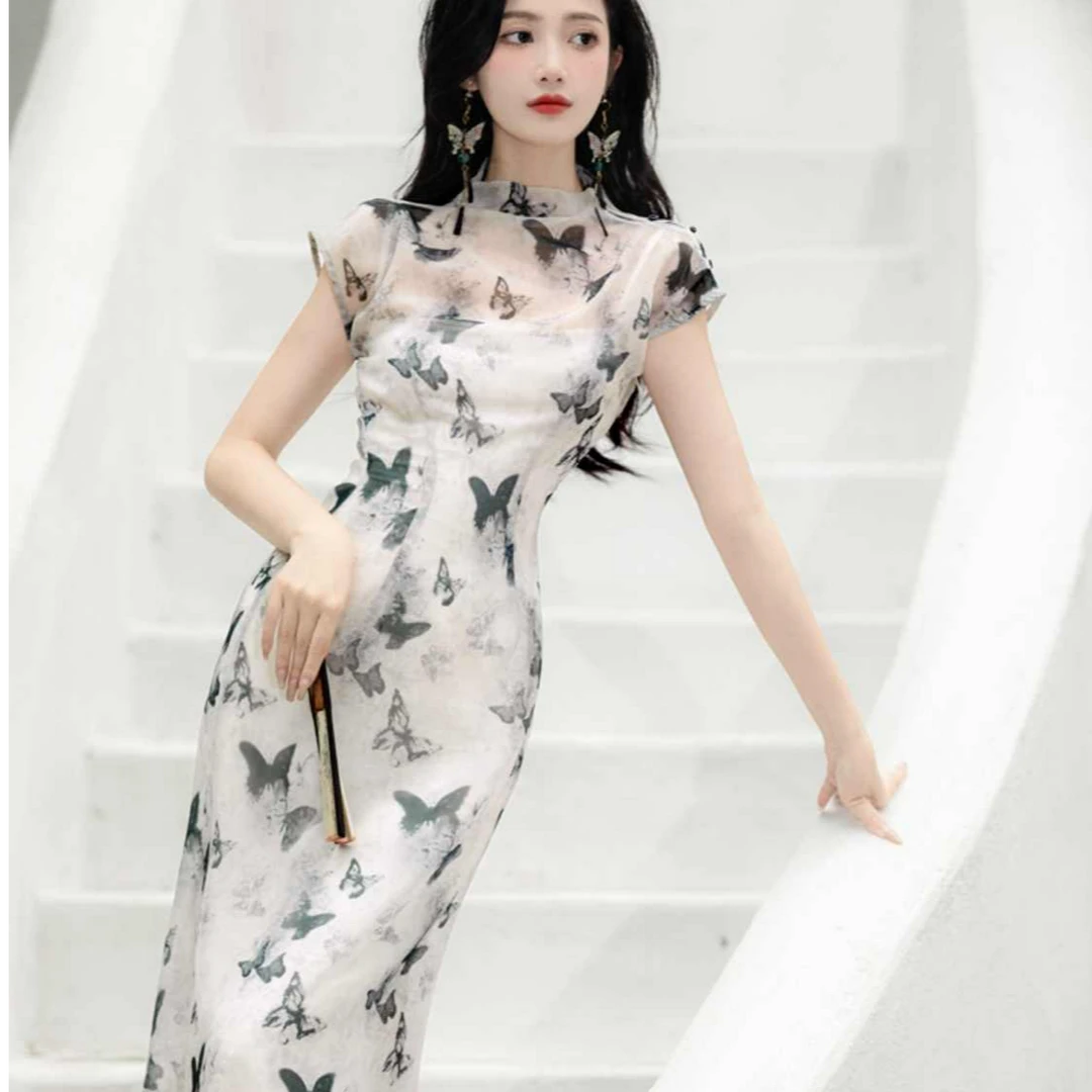 新中式水墨印花改良旗袍连衣裙女夏季2024新款吊带外搭罩衫两件套
