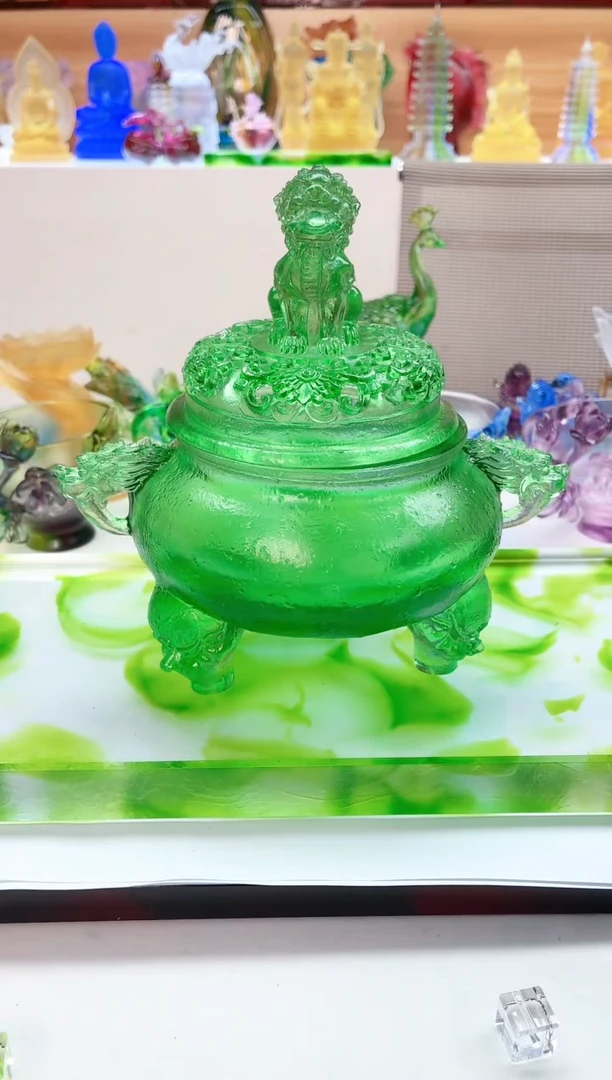 手工艺品琉璃绿色石狮帝王炉17*17公分