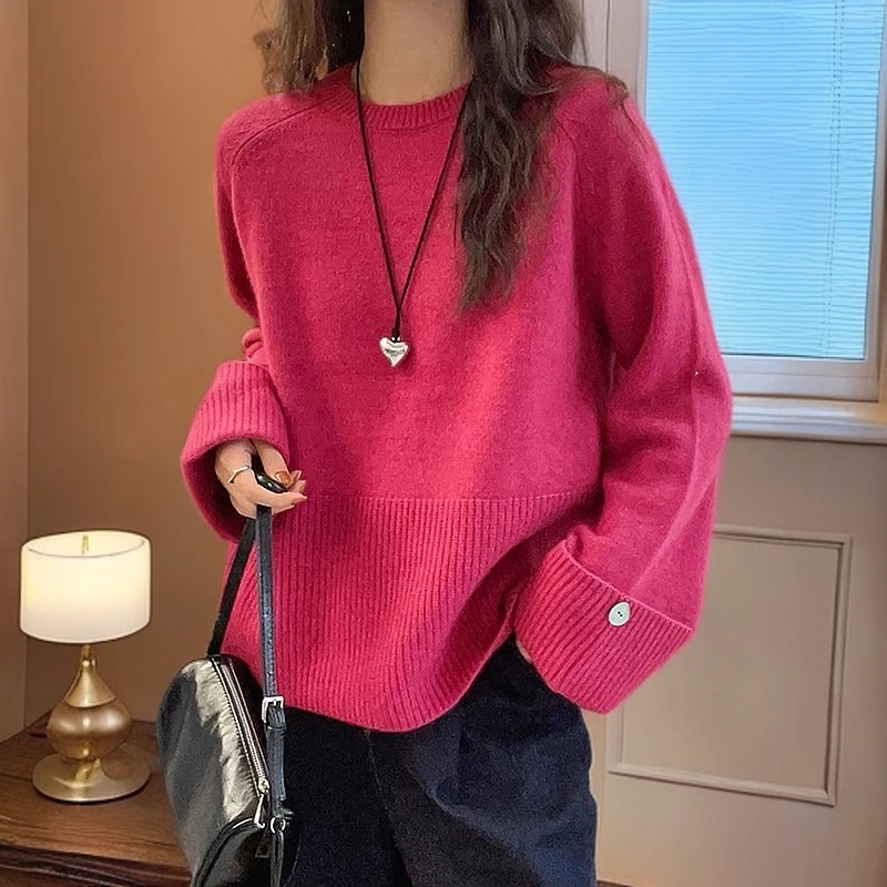 秋冬新款软糯慵懒风针织衫女韩版长袖洋气圆领减龄毛衣打底上衣潮