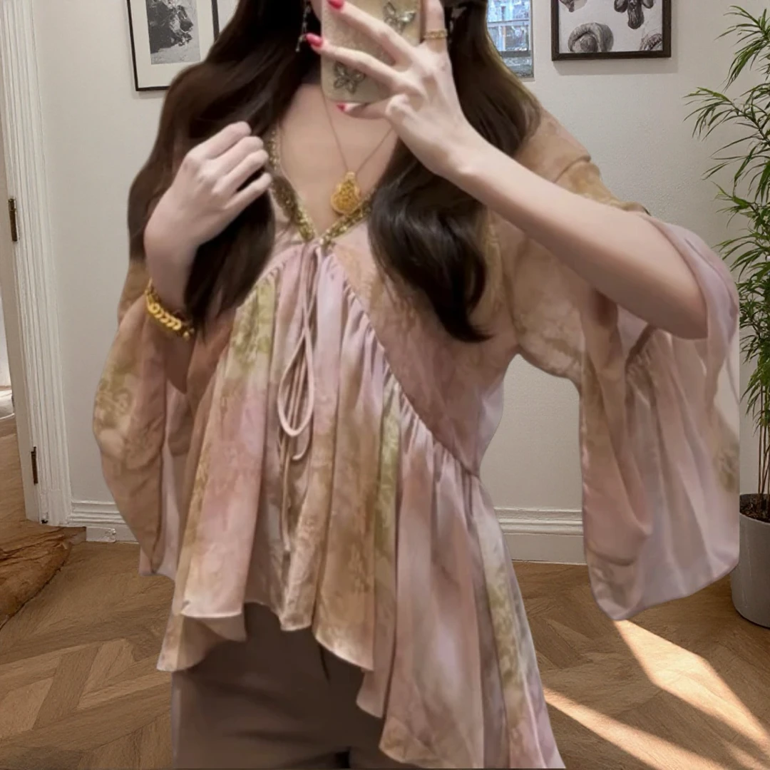 碎花扎染雪纺衫女2025新款春夏重工印花轻奢设计师亮片氛围感上衣