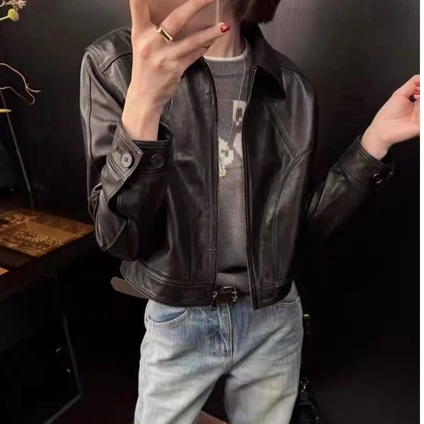 2551百分百头层绵羊皮皮衣直筒型皮夹克朋克风短款100%真羊皮衣女