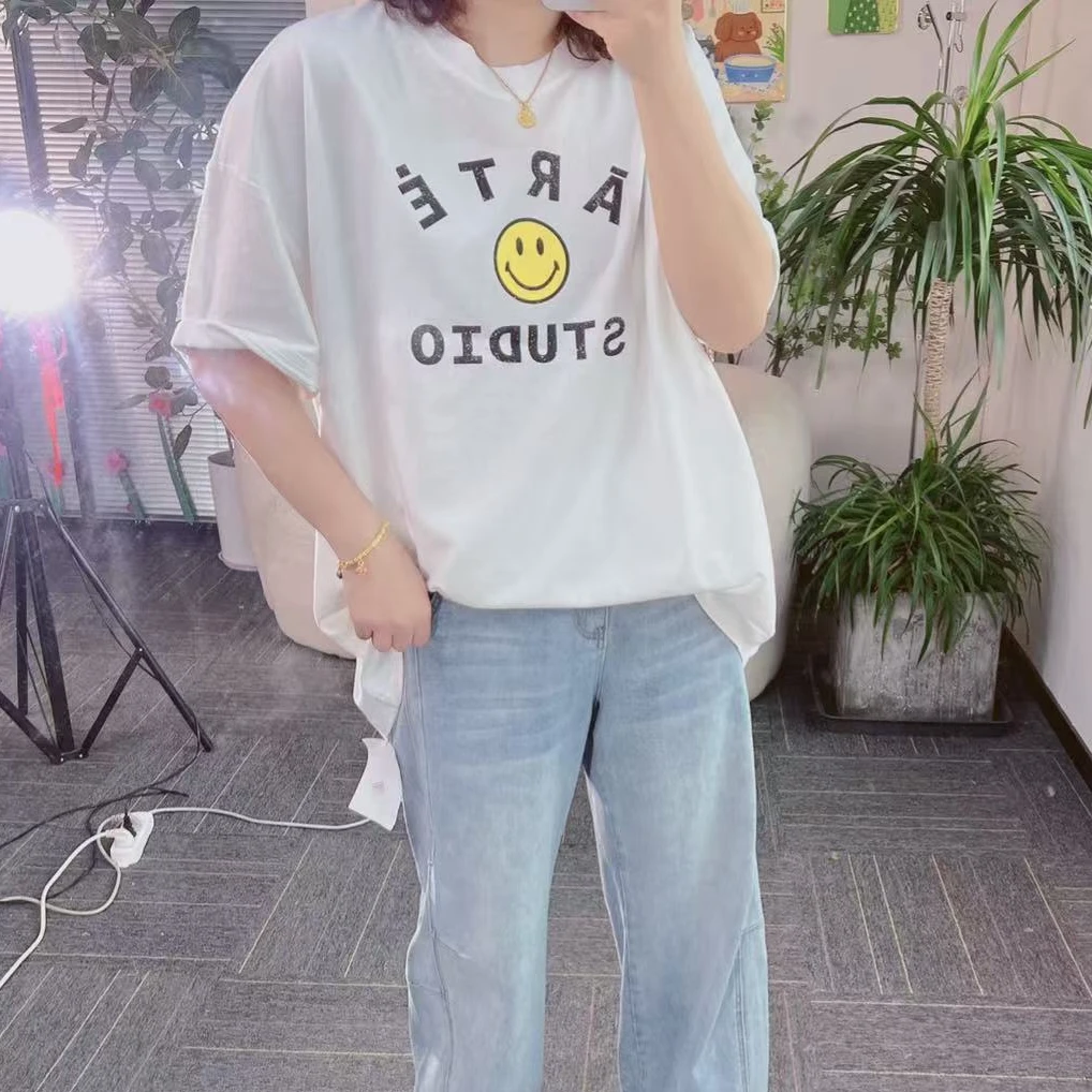 【纯熙+】88306春季新款字母黄色笑脸短袖T恤女韩版宽松百搭上衣