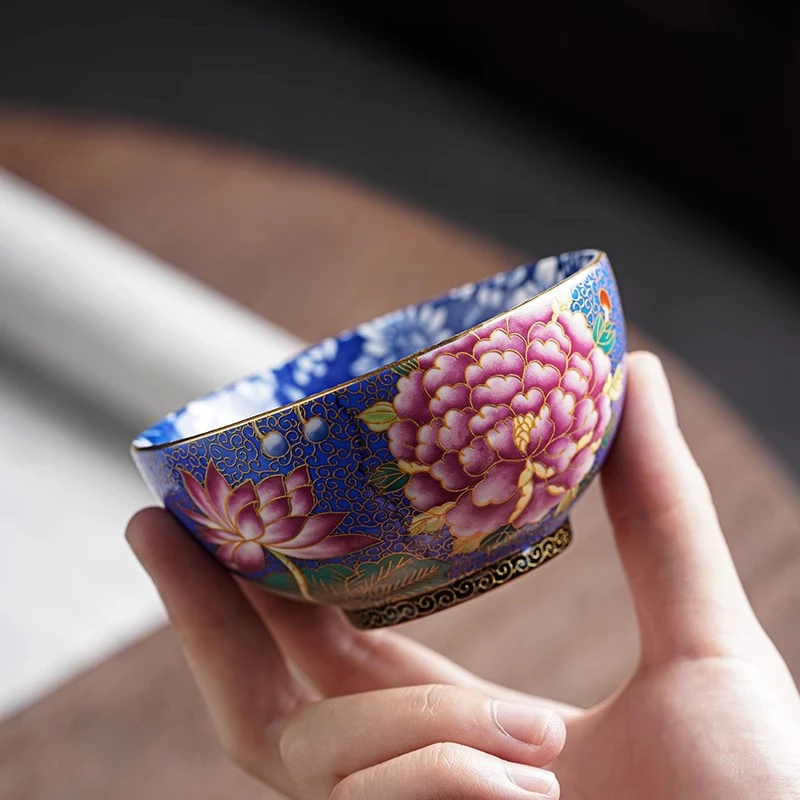中式珐琅彩牡丹主人杯ins个人品茗杯大号单泡茶杯碗家用茶具