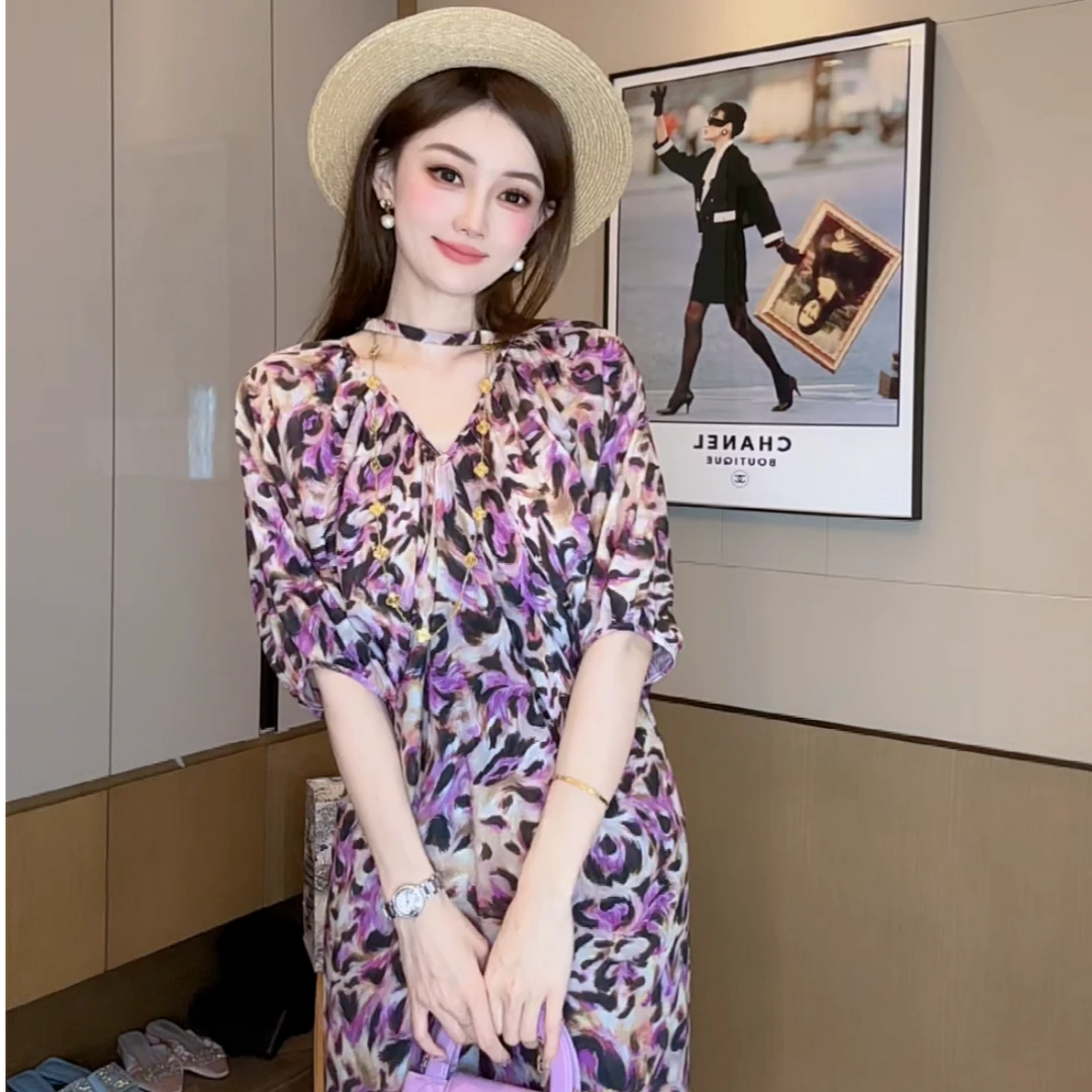 【丝芙玉禄】（S218）真丝双绉桑蚕丝气质印花减龄宽松女装连衣裙
