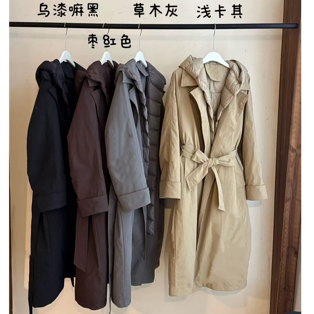 高端欧货鹅绒风衣羽绒服女腰带收腰显瘦宽松气质中长款外套