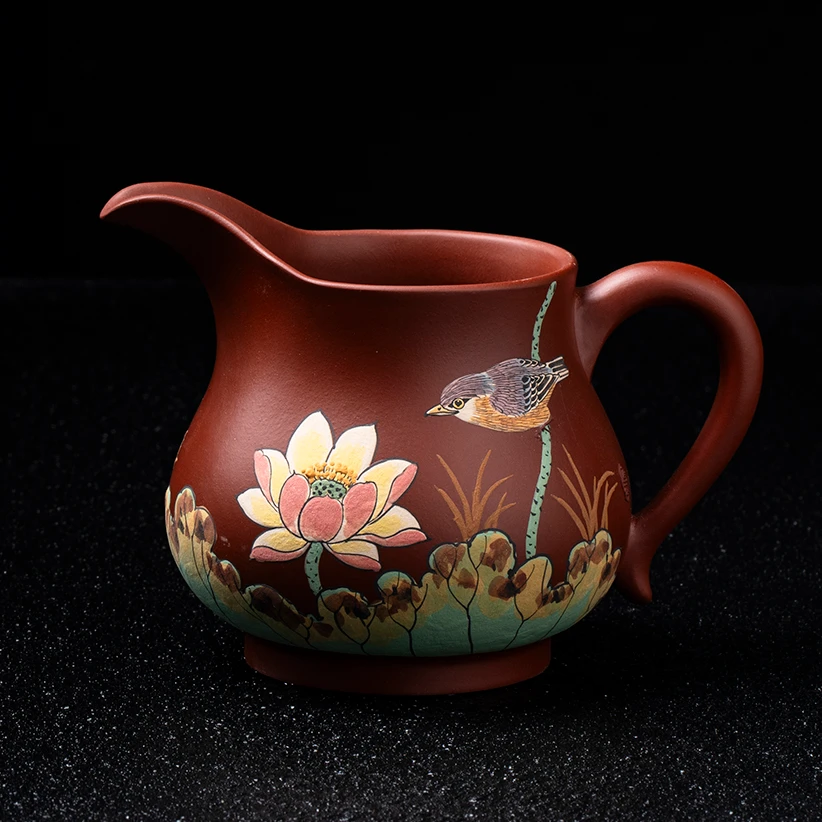 903  原矿紫砂茶具 大红袍堆绘荷塘清趣分茶公道杯 FSY 300cc左右