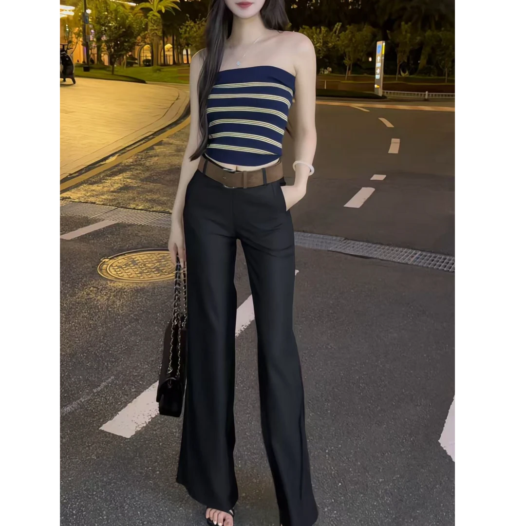 美式复古辣妹条纹抹胸背心设计感修身显瘦短款上衣修身微喇长裤