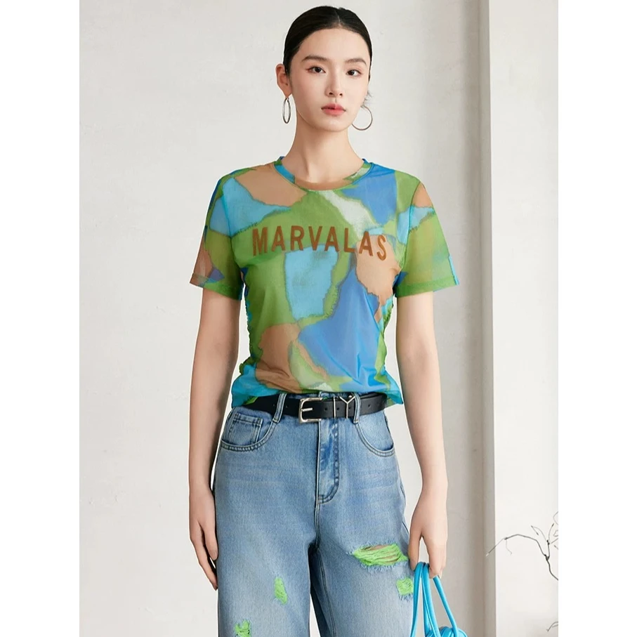 曼德S印花网眼T恤2025夏季新款时尚字母贴布提花设计撞色上衣