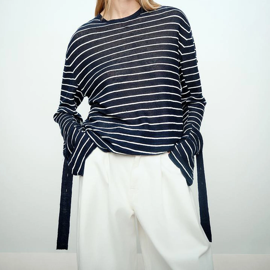 亚麻飘带条纹针织衫SS25391