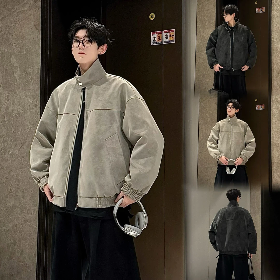 【现货速发】春季新款复古立领皮衣夹克宽松百搭情侣潮流港风外套