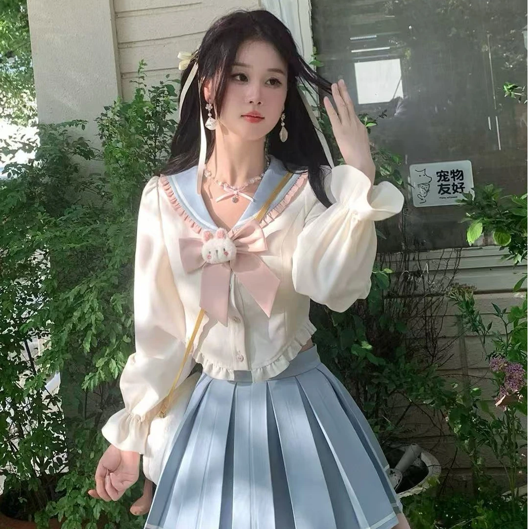 萌兔奶糖 甜美学院风套装春兔子蝴蝶结上衣粉蓝撞色半裙套装
