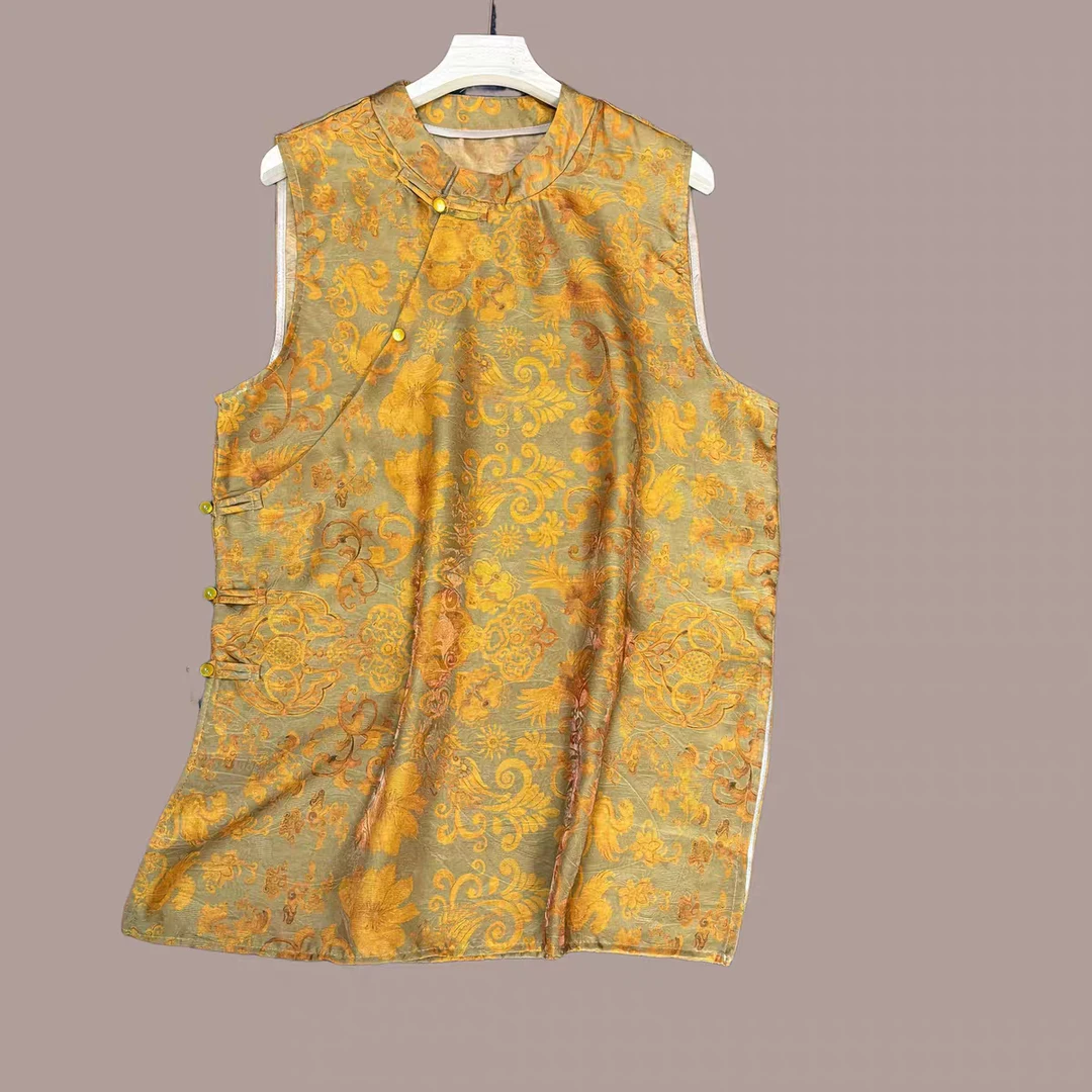 新中式国风浮光锦复古立领盘扣无袖中长款奥黛上衣