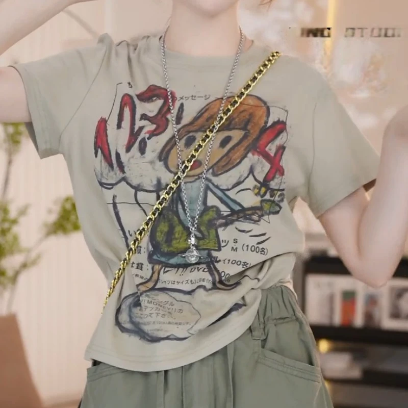 夏季时尚减龄显瘦印花卡通短袖T恤休闲设计感百搭宽松LK2504185