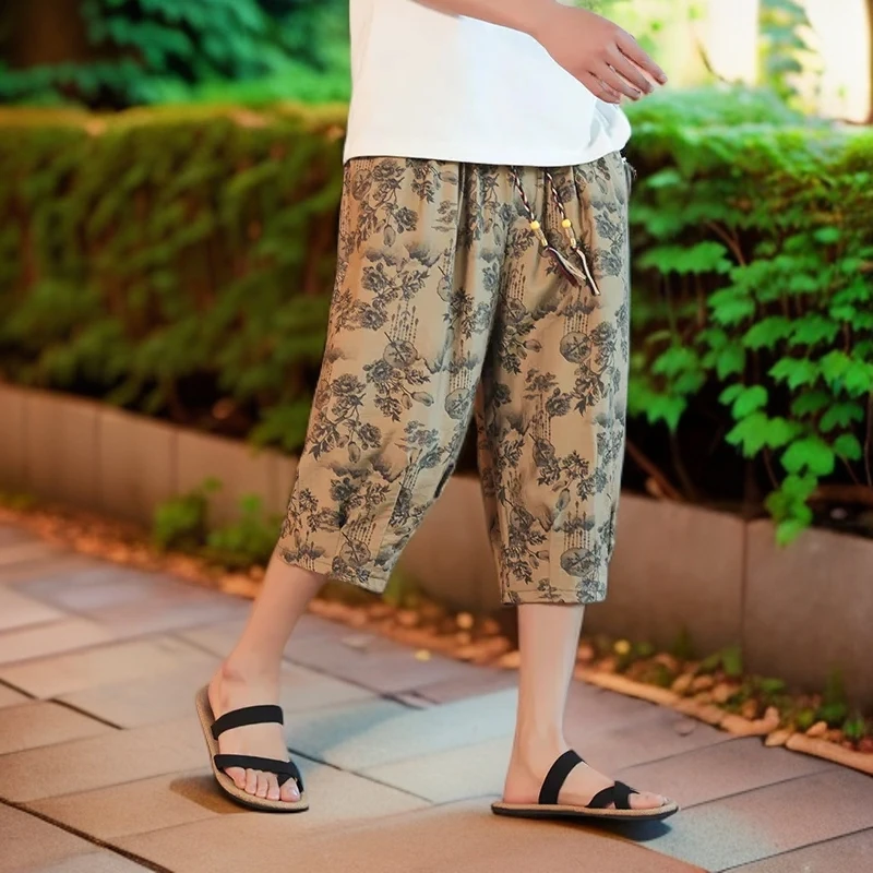 男士七分裤夏季薄款宽松休闲大码复古中国风沙滩裤透气直筒垂感裤