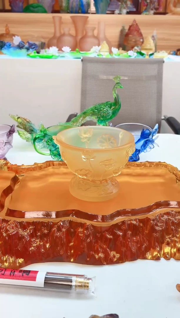 手工艺品琉璃琥珀色荷花供碗11*8公分