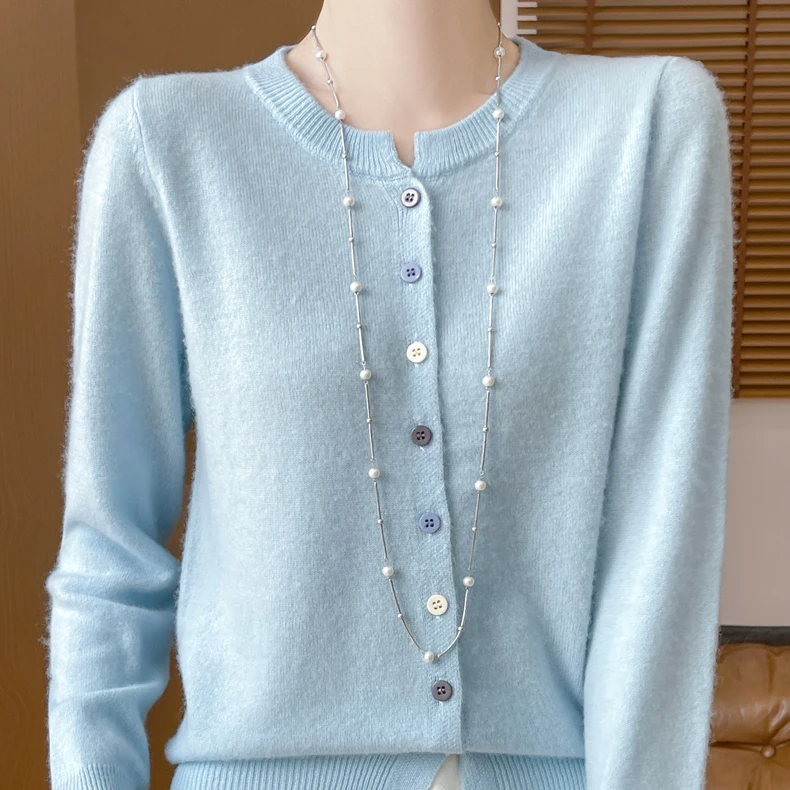 秋冬新款圆领羊绒开衫女羊毛针织外套宽松毛衣外搭短款上衣女士