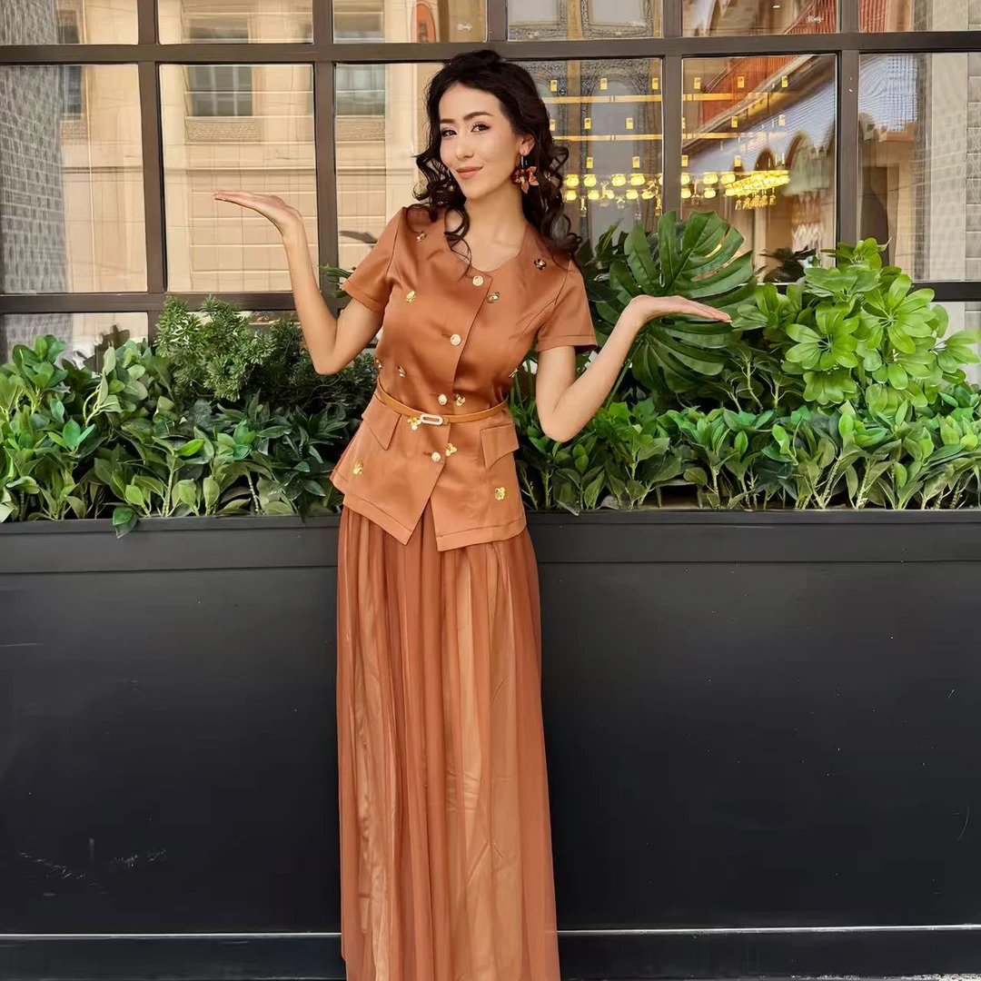 气质显瘦时尚高腰短袖金属扣外套+飘逸纱质半身女生韩系ins衣服