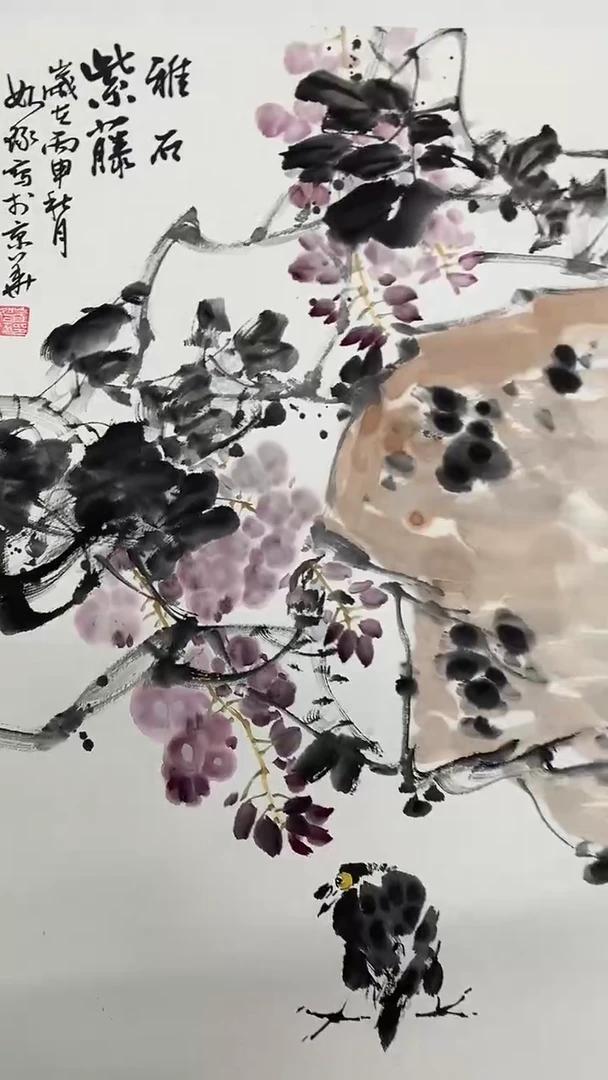 竖款精品开三花鸟，